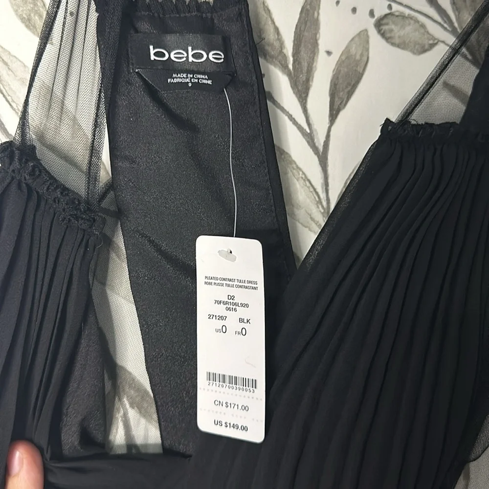 NWT Bebe black pleated contrast tulle cocktail dress size 0